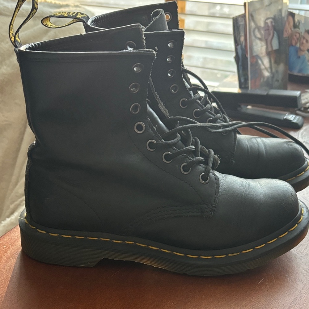 Dr. Martens Black Leather Lace-Up Ankle Boots with Yellow Stitching